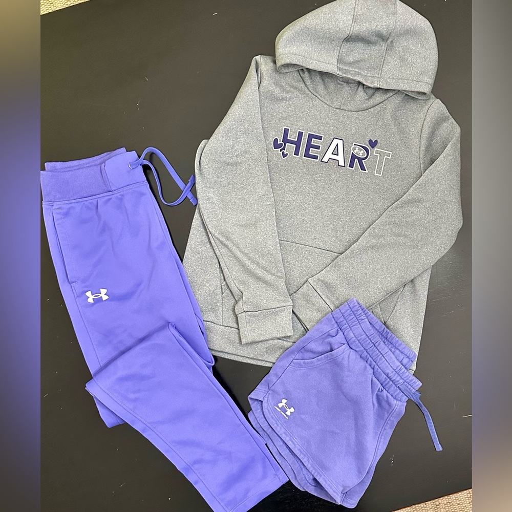 Under Armour Girls Youth Large lot, includes hoodie, purple pants and shorts